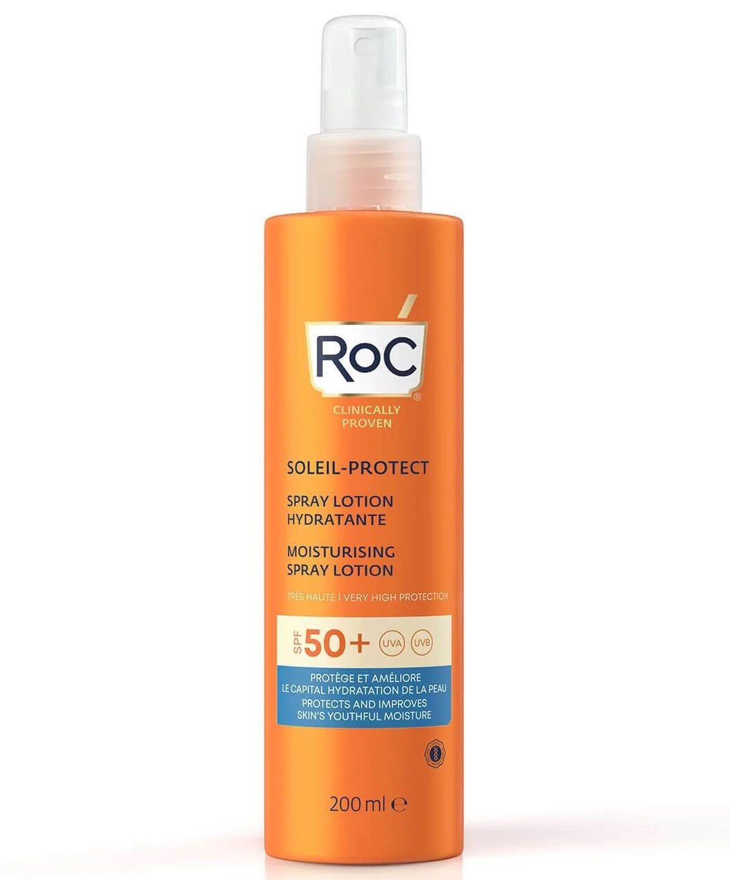 ROC Soleil-Protect Spray Hidratante SPF50. Asegura una alta protección solar mientras mantiene la humedad natural de la piel. Una textura aterciopelada y no grasa que no deja residuos blancos.