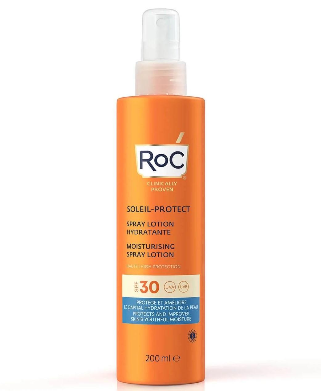 ROC Soleil-Protect Spray Hidratante SPF30. Esta crema asegura una alta protección solar mientras mantiene la hidratación natural de la piel. Tiene una textura aterciopelada y no grasa que no deja residuos blancos.