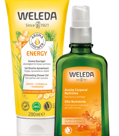 WELEDA Pack Aceite Corporal de Espino Amarillo + Aroma Shower Energy. Pack de ducha y aceite corporal para hidratar y cuidar tu piel. Pack con un descuento sobre el gel de ducha. Nutre tu piel y dale energía a tu día con estos dos productos. 
