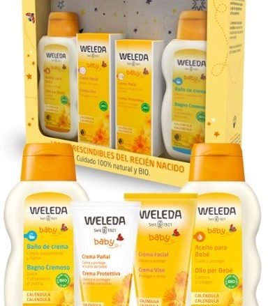 WELEDA Set Bienvenido Bebé. Los cuatro productos imprescindibles para el cuidado del bebé desde el primer día. Un regalo perfecto para cuidar y proteger la piel del bebé recién nacido. Cuatro productos imprescindibles con un cambiador de paseo de regalo.