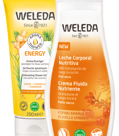 WELEDA Pack Leche Corporal de Espino + Aroma Shower Energy. Pack energizante hidratante de ducha y leche corporal. Pack con un descuento en el gel de ducha. Dale energía a tu día con la ducha e hidrata tu piel y dale vitalidad con la leche corporal.