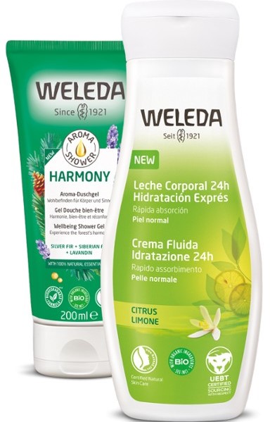 WELEDA Pack Leche Corporal Citrus + Aroma Shower Harmony. Pack hidratante de ducha y leche corporal. Pack con un descuento en el gel de ducha. Una ducha reconfortante y una hidratación rápida dejando la piel flexible. 