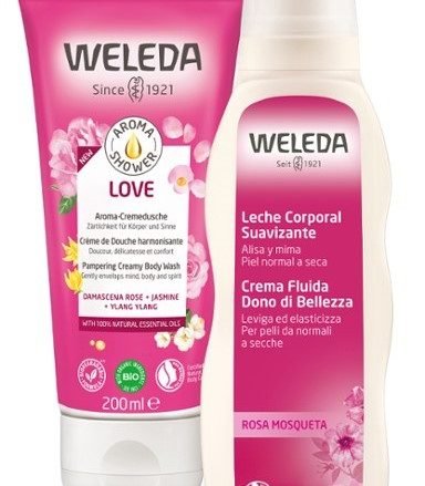 WELEDA Pack Leche Corporal de Rosa Mosqueta + Aroma Shower Love. Pack refrescante hidratante de ducha y leche corporal.