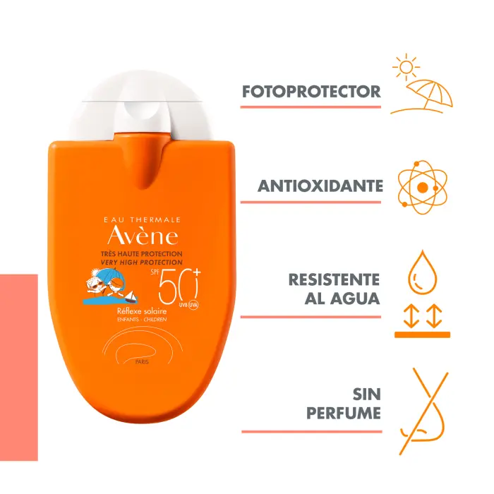 AVENE Reflexe Solaire SPF 50+ para bebés y niños. Muy alta protección solar para la piel sensible de bebés y niños. Aplicar sobre el rostro y el cuerpo. Sistema de filtros patentado. Foto protector, antioxidante, resistente al agua, sin perfume.