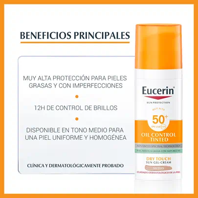 Eucerin Sun Face Oil Control FPS 50+ con color tono medio protege la piel grasa y con tendencia acneica de los daños provocados por el sol gracias a  Advanced Spectral Technology