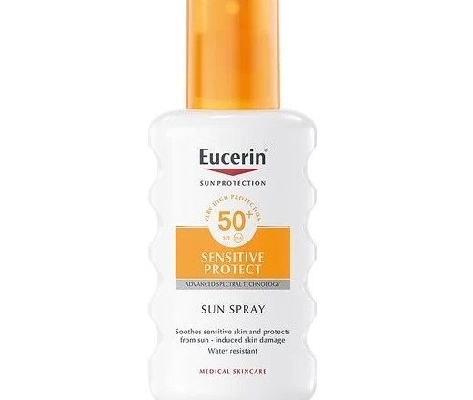EUCERIN Sun Spray Sensitive Protect FPS 50+. Protección solar corporal muy alta. Advanced Spectral Technology: protección frente a rayos UVA y UVB, y protección contra la luz HEVL.
