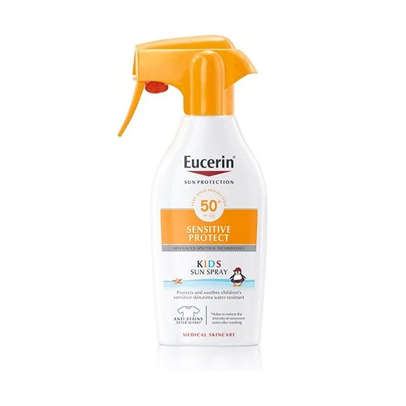 EUCERIN Sun Kids Spray Sensitive Protect FPS 50+. Protección solar muy alta para niños. Advanced Spectral Technology: protección frente a rayos UVA y UVB y contra la luz HEVL