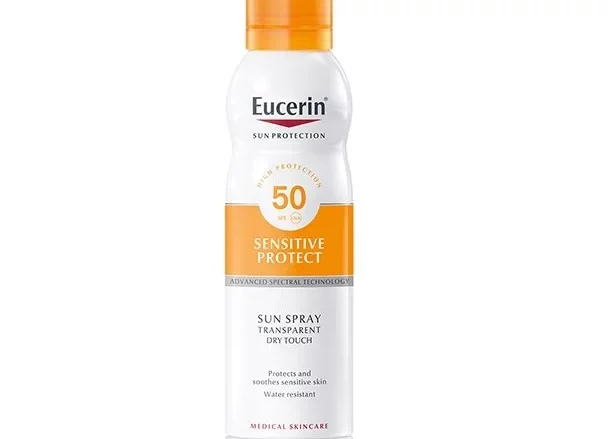 EUCERIN Sun Spray Transparent Dry Touch Sensitive Protect FPS 50. Protección solar corporal alta. Advanced Spectral Technology: protección frente a rayos UVA y UVB, y protección contra la luz HEVL.