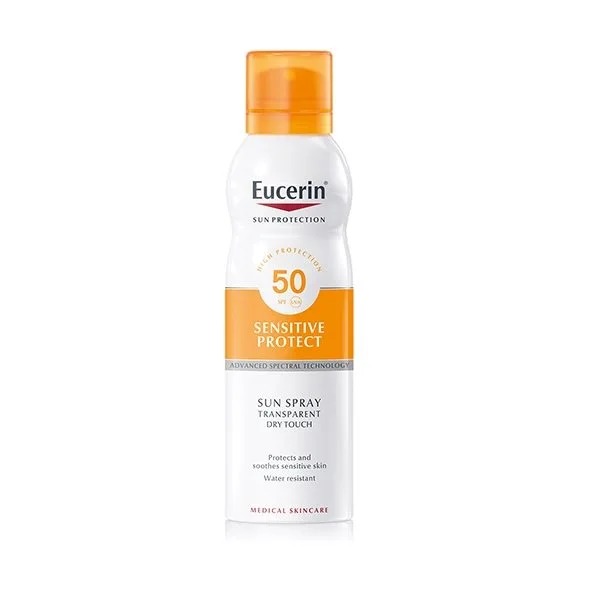 EUCERIN Sun Spray Transparent Dry Touch Sensitive Protect FPS 50. Protección solar corporal alta. Advanced Spectral Technology: protección frente a rayos UVA y UVB, y protección contra la luz HEVL.