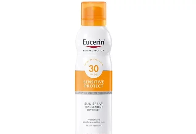 EUCERIN Sun Spray Transparent Dry Touch Sensitive Protect FPS 30. Protección solar corporal alta. Advanced Spectral Technology: protección frente a rayos UVA y UVB, y protección contra la luz HEVL
