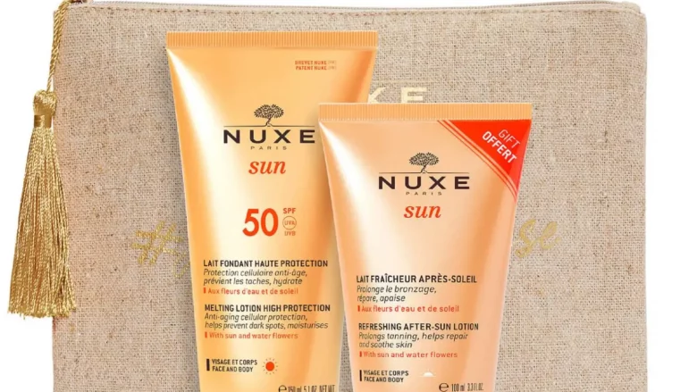 NUXE PROTECCIÓN SOLAR dúo solar de alta protección solar: -1 Leche deliciosa rostro y cuerpo SPF30, NUXE Sun 150 ml. -1 Leche refrescante para después del sol, NUXE Sun 100 ml y un neceser 100 % lino. Los elementos que componen el cofre se entregan por separado.
