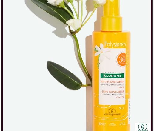 KLORANE POLYSIANES MONOÏ Y TAMANU BIO | SOLAIRE. Spray solar sublime SPF 30. Hidrata - Protege. El spray solar al tamanu BIO y al monoï proporciona una protección muy alta e hidrata la piel.