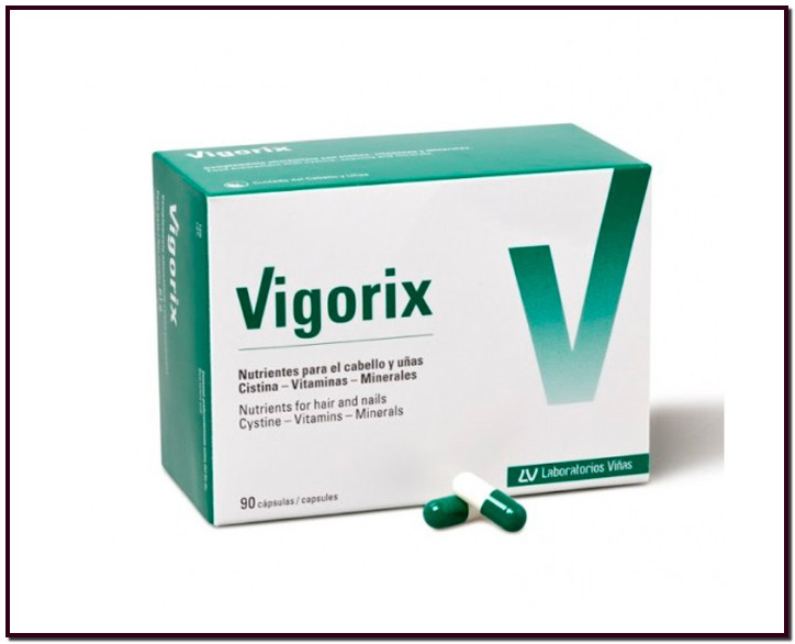 Laboratorios Viñas Vigorix cápsulas una combinación equilibrada de elementos nutritivos para la nutrición de cabellos y uñas. El zinc es uno de los factores que ayudan a mantener el cabello y las uñas en óptimas condiciones.