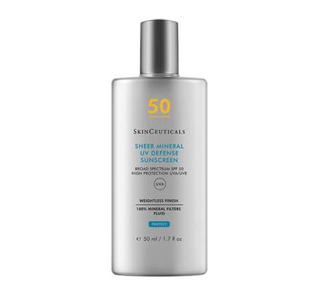 SKINCEUTICALS PROTECCION SOLAR Sheer Mineral UV Defense SPF 50 es un fluido matificante con filtros 100% minerales proporciona una alta protección UVA/UVB para todo tipo de pieles, incluso las muy sensibles y tratadas médicamente