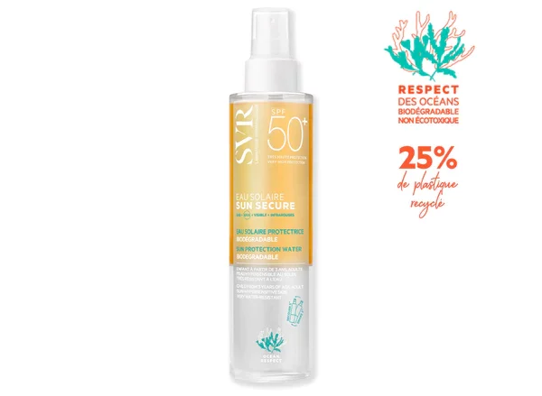 SVR SUN SECURE Eau Solaire SPF50+ Eau solaire protectrice biodégradable. Peaux hypersensibles au soleil. Adultes et enfants à partir de 3 ans.