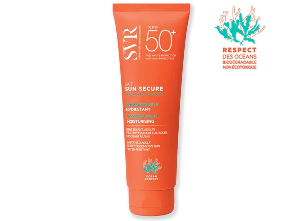 SUN SECURE Lait SPF50+ Lait solaire biodégradable hydratant SPF50+ UVB + UVA + VISIBLE + INFRAROUGES. Brevet(1) Sun Secure : 4 années de recherche pour inventer l’association filtrante idéale qui délivre en même temps une très haute protection solaire tout en respectant l’environnement marin.