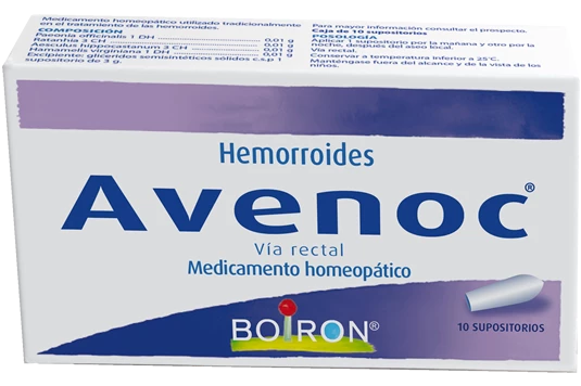 BOIRON AVENOC SUPOSITORIOS. AVENOC supositorios es un medicamento homeopático utilizado tradicionalmente en el tratamiento de las hemorroides que se manifiestan por crisis dolorosas, prurito y pequeños sangrados.