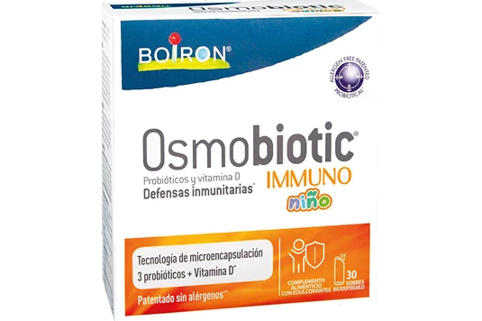 BOIRON OSMOBIOTIC IMMUNO NIÑO (PROBIÓTICO) Defensas inmunitarias* Osmobiotic Immuno Niño es un complemento alimenticio con edulcorantes a base de probióticos y vitamina D. 3 probióticos + Vitamina D*
