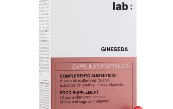 CUMLAUDE LAB Gineseda Cápsulas. A base de isoflavonas de soja, extracto de lúpulo y salvia y vitaminas. SIN LACTOSA. SIN GLUTEN. Está indicado en caso de aumento de las necesidades o disminución del aporte en la dieta de los nutrientes que lo componen