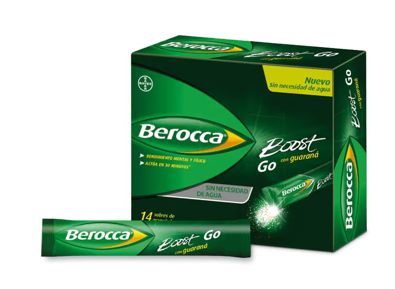 Berocca® Boost Go de Bayer con vitaminas, minerales, guaraná y cafeína ayuda tu rendimiento mental y físico cuando lo necesitas.