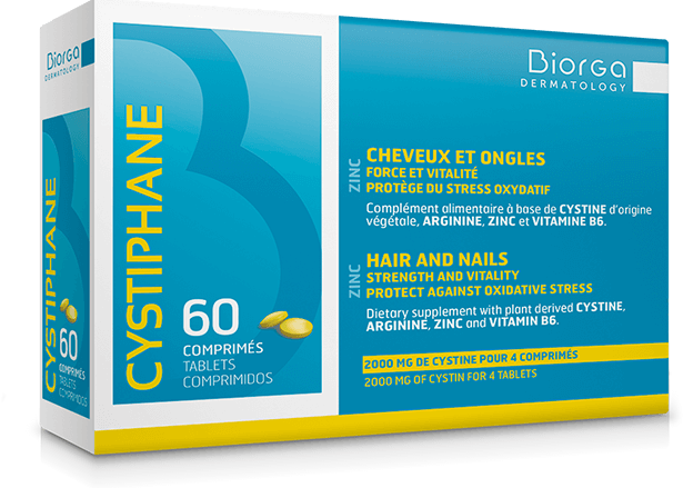 Biorga | Cystiphane cabellos y uñas 60 comprimidos a base de Cistina de origen vegetal, Vitamina B6, Arginina y Zinc. La vitamina B6 contribuye a la síntesis normal de cisteína.