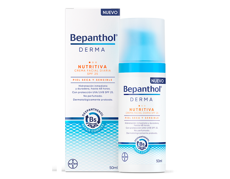 Bepanthol® Derma Nutritiva Crema Facial Diaria SPF 25 ha sido formulada para combatir la sequedad y sensibilidad de la piel protegiéndola de los daños solares y fortaleciendo su barrera.