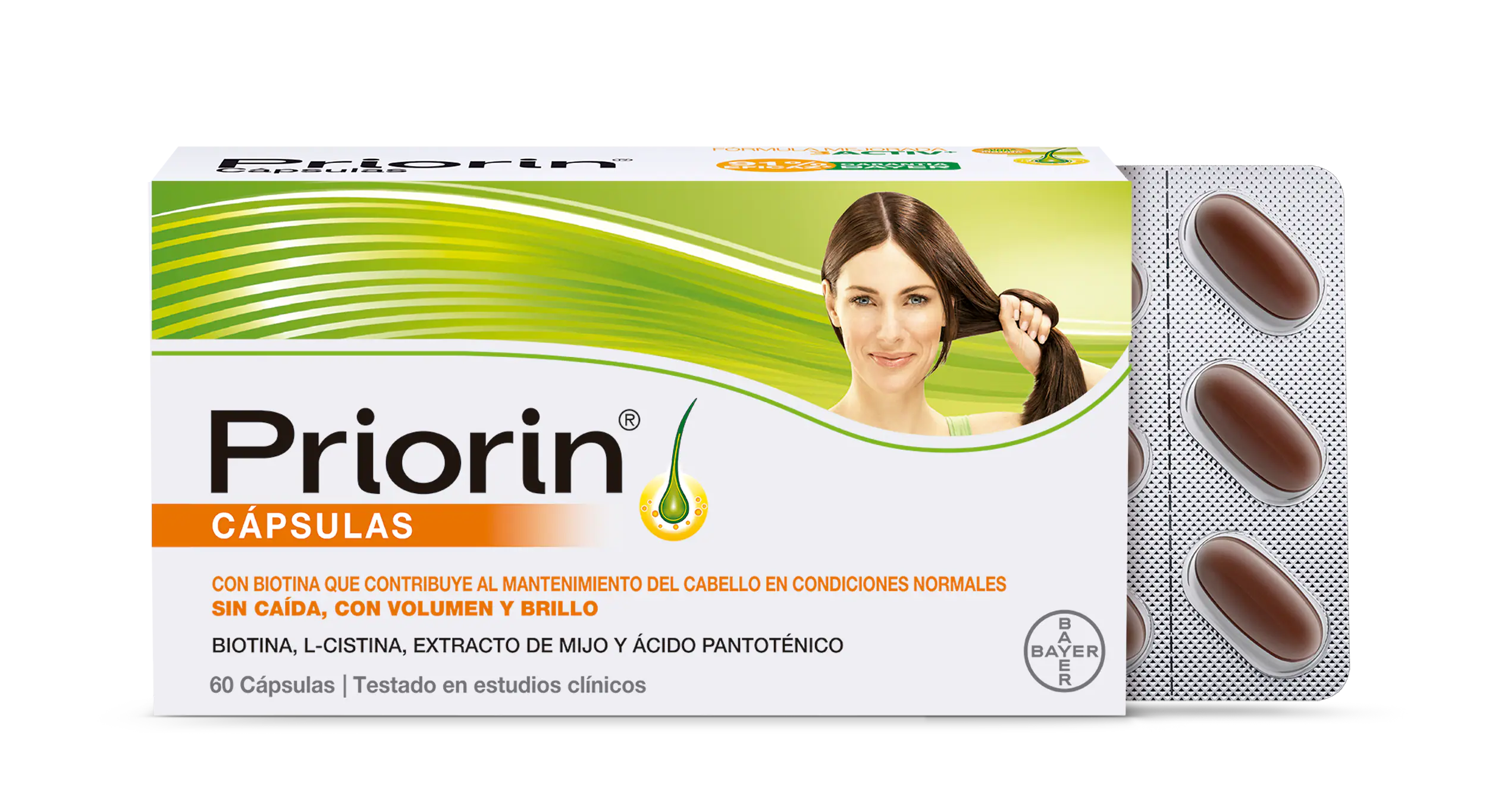 Priorin® Cápsulas de BAYER. Tratamiento para la caída y salud del cabello gracias a su exclusiva fórmula con Biotina, que contribuye al mantenimiento del cabello en condiciones normales.