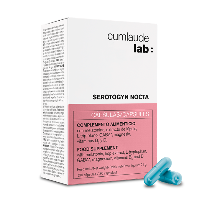 CUMLAUDE LAB Serotogyn Nocta. Complemento alimenticio con melatonina, extracto de lúpulo, L-triptófano, GABA, magnesio, vitaminas B6 y D. 1 CÁPSULA AL DÍA