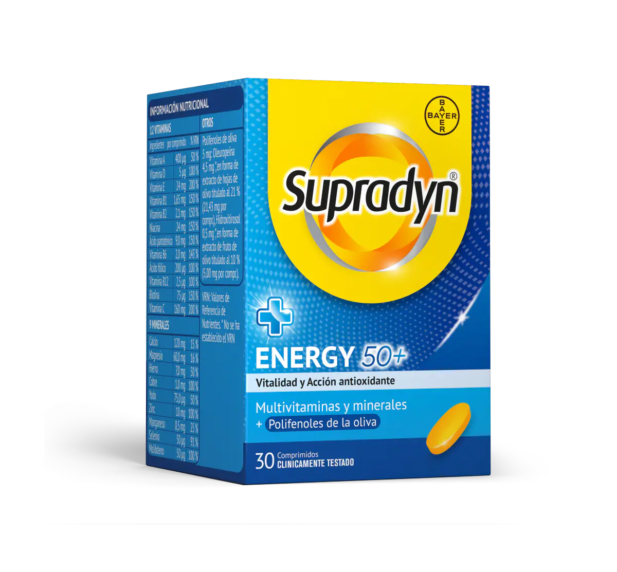 Supradyn®  Energy 50+ Con antioxidantes es un multivitamínico específico para las personas a partir de 50 años que ayuda a mantener la energía y vitalidad física y mental además de proteger a las células del daño oxidativo.