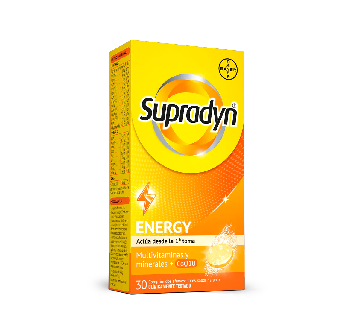 Supradyn® Energy Efervescente es un multivitamínico con minerales que complementando tu dieta habitual, ayuda a activar y mantener tu energía y vitalidad durante todo el día. Contiene Coenzima Q10