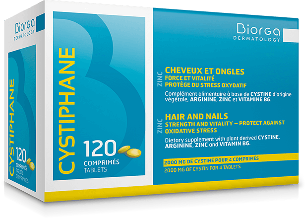 BIORGA COMPRIMIDOS para la salud del cabello y caída del cabello. A base de Cistina de origen vegetal, Vitamina B6, Arginina, Zinc. La vitamina B6 contribuye a la síntesis normal de cisteína