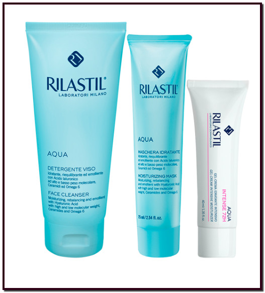 RILASTIL AQUA es una línea de hidratación facial profunda con Ácido hialurónico, Ceramidas y Omega 6 específica para pieles deshidratadas.