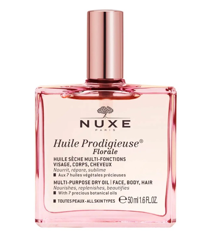 NUXE Aceite seco Huile Prodigieuse® Florale 50 ml Nutre, repara, sublima. Todos los tipos de piel. 97 % de ingredientes de origen natural Déjese cautivar por el cóctel mítico de 7 aceites preciosos 100 % vegetales del aceite hidratante que nutre y repara en un solo gesto rostro, cuerpo y cabello. Un tratamiento para el cuerpo y el cuerpo y el alma, que sublima la suavidad de la piel y conecta los sentidos. Huile Prodigieuse® Florale hará que resplandezca con un irresistible brillo satinado sin acabado graso gracias a su inimitable textura con tacto seco. Su fragancia floral con notas alegres tiene el don de sacarle una sonrisa. Su eficacia está probada: - Una acción protectora anti-contaminación demostrada por una prueba instrumental(1). - Atenúa la apariencia de las estrías (evaluación efectuada por un dermatólogo)(2). - La piel está hidratada durante 8 h(3). Está más suave para el 100 %(4) de las mujeres, nutrida y reparada para el 97 %(4) de ellas. El cabello está nutrido, reparado y flexible. Tratamiento formulado y fabricado en Francia. (1)Prueba instrumental en 20 voluntarias. (2)Prueba de uso - 26 voluntarias. Mejora evaluada por el dermatólogo tras 56 días de uso. (3)Prueba instrumental – 10 voluntarias. (4)Prueba de uso - 29 voluntarias. % de satisfacción tras 28 días de uso.