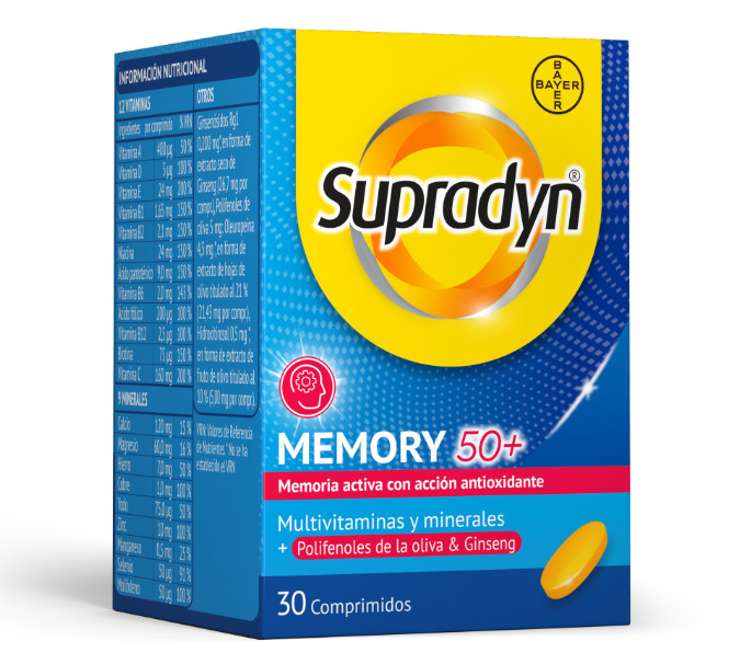 Supradyn Memory 50+ comprimidos Supradyn® Memory 50+ es un complemento alimenticio específicamente formulado para personas mayores de 50 años, a base de 12 vitaminas y 9 minerales que aportan energía y vitalidad, con polifenoles de la oliva de potente acción antioxidante, y ginseng de origen natural que ayuda a la concentración y el rendimiento mental. PUNTO DE VENTA MÁS CERCANO COMPRAR ONLINE ¿CÓMO TOMARLO? 1 comprimido de Supradyn® Memory 50+ al día preferiblemente por la mañana. Complemento alimenticio. No superar la dosis recomendada. No utilizar como sustituto de una dieta equilibrada. Se recomenda seguir una dieta variada y equilibrada y un estilo de vida saludable. 