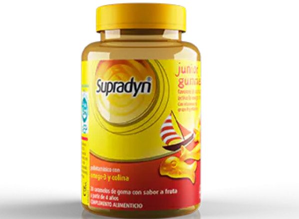 Supradyn® Junior Gummies Supradyn®Junior gummies es un polivitamínico que favorece el crecimiento y ayuda a activar tu propia energía ya que contiene una fórmula específica de vitaminas que contribuyen al metabolismo energético normal necesario para el crecimiento y desarrollo. Además, incorpora dos componentes naturales y esenciales, Colina y Omega 3. PUNTO DE VENTA MÁS CERCANO COMPRAR ONLINE ¿CÓMO TOMARLO? Niños: 2 caramelos de goma al día Adultos: 4 caramelos de goma al día Se pueden tomar los 2 caramelos de goma a la vez o en 2 momentos diferentes del día, según se prefiera. Complemento alimenticio. No superar la dosis diaria recomendada. No utilizar como sustituto de una dieta equilibrada. Se recomienda seguir una dieta variada y equilibrada y un estilo de vida saludable. En los niños supervisar su administración por parte de un adulto. Contiene azúcar.