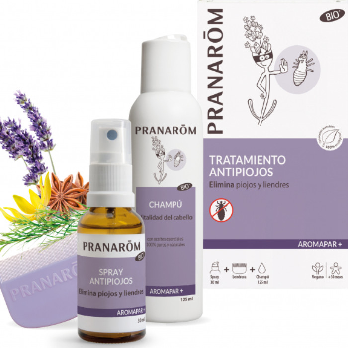 Laboratorio Pranarôm aromaterapia científica Tratamiento antipiojos - Spray + Champú + lendrera - 30 + 125 ml Elimina piojos y liendres - Eficacia probada científicamente
