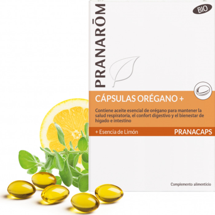 Laboratorio Pranarôm aromaterapia científica Cápsulas Orégano + - 30 cápsulas + Esencia de Limón - Contiene aceite esencial de orégano para mantener la salud respiratoria, el confort digestivo y el bienestar de hígado e intestino