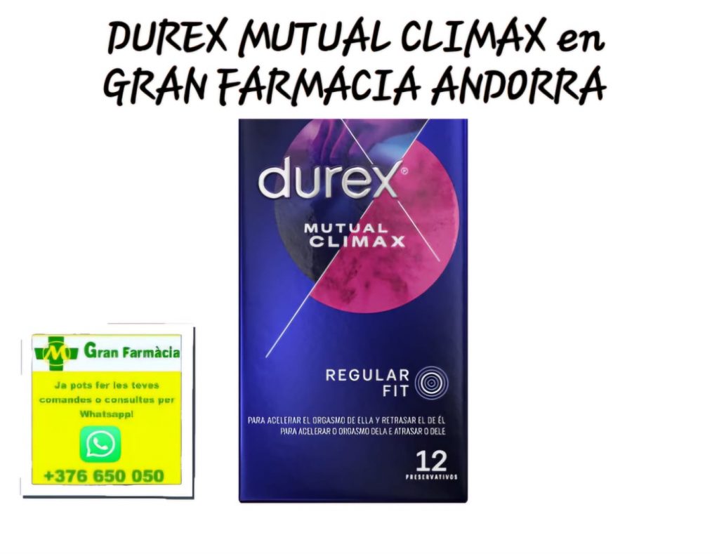 Gran Farmacia Andorra. Preservativos Durex Mutual Clímax con puntos y estrías para acelerar el orgasmo de ella y con lubricante reforzado para que él aguante más.​