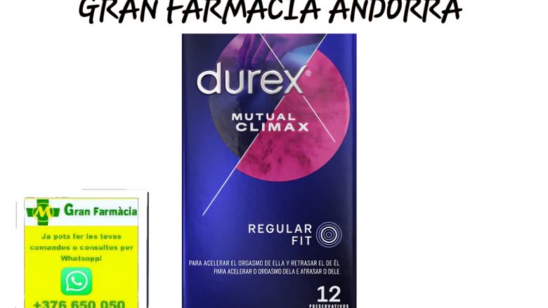 Gran Farmacia Andorra. Preservativos Durex Mutual Clímax con puntos y estrías para acelerar el orgasmo de ella y con lubricante reforzado para que él aguante más.​