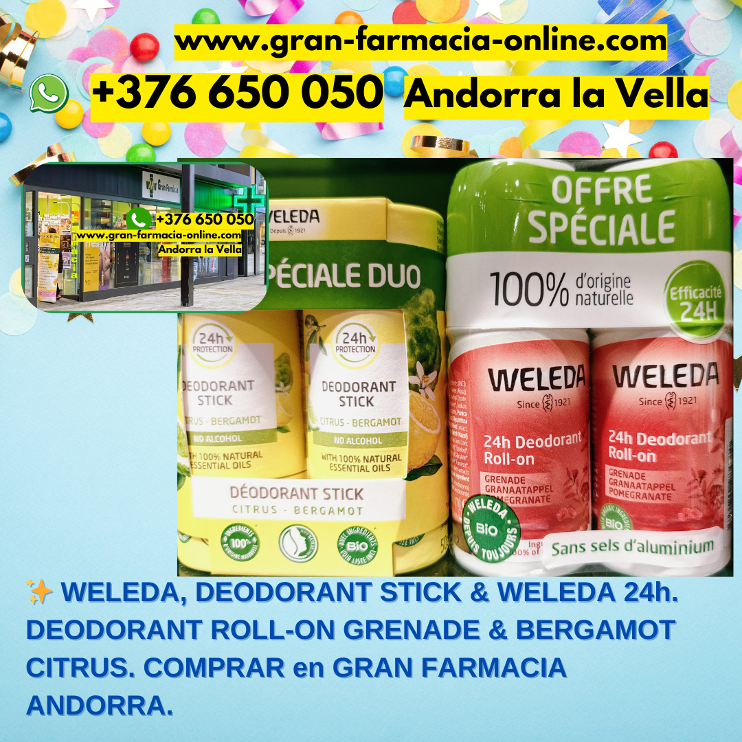 ✨ ¡Descubre la frescura natural de Weleda! ✨ En Gran Farmacia Andorra nos encanta cuidarte con lo mejor y hoy te presentamos dos joyas para tu rutina diaria: * WELEDA, DESODORANTE STICK Un aliado imprescindible para mantener la protección y la frescura de forma natural. Fácil de aplicar y perfecto para el día a día, protege tu piel con una fórmula respetuosa y eficaz. * WELEDA 24 h. DESODORANTE ROLL-ON GRENADE & BERGAMOT CITRUS Disfruta de una sensación cítrica y revitalizante que te acompaña las 24 horas. Con la vibrante combinación de granada y bergamota, este roll-on aporta energía y frescura natural a cada momento. Ambos productos están formulados con ingredientes de origen natural para cuidar tu piel sin comprometer el bienestar y el medioambiente. COMPRAR en GRAN FARMACIA ANDORRA y da el paso hacia una protección auténtica y sostenible. #Weleda #DesodoranteStick #Weleda24H #RollOn #Granada #Bergamota #FrescuraNatural #CuidadoPersonal #ProtecciónNatural #Sostenibilidad #GranFarmaciaAndorra
