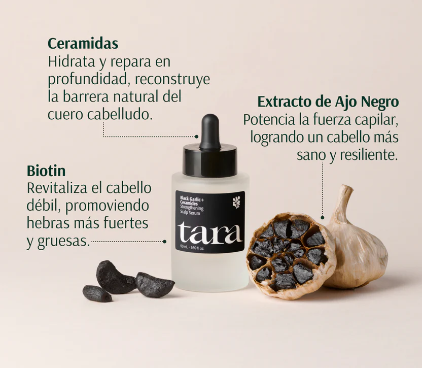 Ajo Negro+ Ceramidas Sérum Fortalecedor para el Cuero Cabelludo Sérum sin aclarado que repara la barrera del cuero cabelludo y fortalece los folículos. €45,00 EUR 50 mL Sérum para el cuero cabelludo sin aclarado diseñado para fortalecer intensamente desde la raíz. Su fórmula avanzada combina ajo negro y vitamina C, que actúan como potentes antioxidantes frente al estrés oxidativo, mientras que las ceramidas restauran la barrera lipídica natural, mejorando la retención de hidratación y reforzando la estructura cutánea. Aporta los nutrientes clave para revitalizar el entorno folicular y mejorar la resistencia de la fibra capilar mientras ayude a preservar la juventud capilar. Este sérum promueve un crecimiento más fuerte, un cabello más denso y una melena visiblemente más sana y resistente. Contiene >95% de ingredientes de origen natural.
