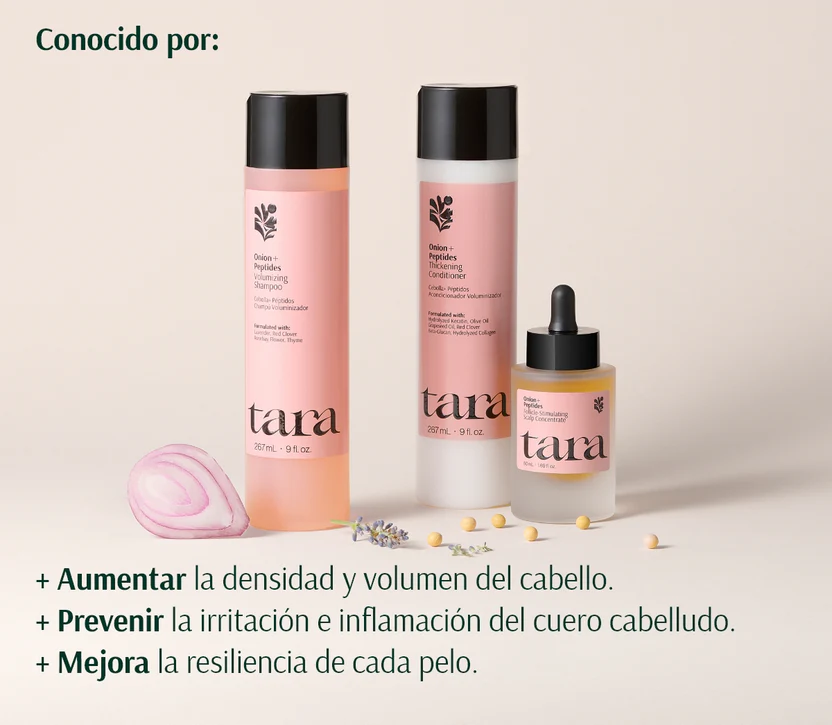 Cebolla+ Péptidos Rutina Anticaída y Volumen Rutina capilar de 3 pasos contra la caída, rotura y raíces debilitadas. €95,00 EUR 267 mL | 267 mL | 50 mL Detén la caída del cabello y recupera tu volumen con nuestra rutina capilar anticaída. Hemos fusionado el poder estimulante del extracto de cebolla con la biotecnología avanzada de los péptidos (Capixyl™) en una fórmula que actúa desde la raíz para fortalecer el folículo, reducir la caída y acelerar el crecimiento del cabello. La rutina aporta densidad, fuerza y brillo al cabello sin apelmazar.