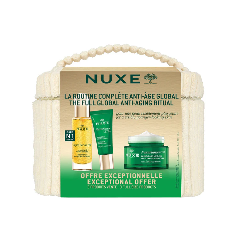 Descubre la rutina completa antiedad global, con Super Serum de NUXE [10] en Gran Farmacia Andorra que multiplica la eficacia de la crema Antiedad Global Nuxuriance Ultra Alfa [3R]. El neceser contiene: - Super Serum [10] 30ml: Corrección antiedad intensiva para una piel que funciona como si fuese [10] años más joven*. - Nuxuriance Ultra Alfa [3R] La Crema Antiedad Global 50 ml: Revitaliza y reafirma la piel, alisa las arrugas. - Nuxuriance Ultra Alfa [3R] El Tratamiento Específico para Contorno de Ojos y Labios 15 ml: Reduce las líneas de expresión, incluso las marcadas, para un contorno de ojos y de los labios alisado, como destensado.