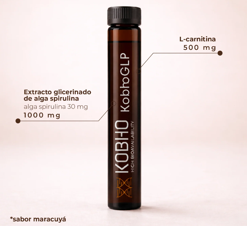 KobhoGLP  El primer protocolo avanzado para el control del peso que actúa sobre todos los pilares. Ayuda a equilibrar los niveles de azúcar en sangre, a aumentar el metabolismo basal y a regular el metabolismo de grasas y carbohidratos. Además, favorece vías relacionadas con el GLP-1, una hormona clave en la regulación natural de la saciedad, ayudando a reducir los antojos y a mantener una saciedad más prolongada. Todo ello mientras mejora la microbiota y reduce la inflamación, favoreciendo cambios eficaces, saludables y sostenidos en el tiempo, sin efecto rebote. 90 cápsulas + 30 viales (suministro para 1 mes). 3 cápsulas y 1 vial (sabor maracuyá) al día. Juntos al inicio de una comida. Se recomienda tomar con algún alimento graso –frutos secos– para una mejor absorción. Todos los días. Fabricado en España.