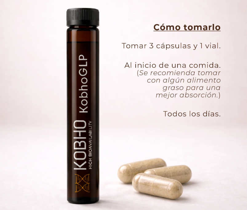 KobhoGLP  El primer protocolo avanzado para el control del peso que actúa sobre todos los pilares. Ayuda a equilibrar los niveles de azúcar en sangre, a aumentar el metabolismo basal y a regular el metabolismo de grasas y carbohidratos. Además, favorece vías relacionadas con el GLP-1, una hormona clave en la regulación natural de la saciedad, ayudando a reducir los antojos y a mantener una saciedad más prolongada. Todo ello mientras mejora la microbiota y reduce la inflamación, favoreciendo cambios eficaces, saludables y sostenidos en el tiempo, sin efecto rebote. 90 cápsulas + 30 viales (suministro para 1 mes). 3 cápsulas y 1 vial (sabor maracuyá) al día. Juntos al inicio de una comida. Se recomienda tomar con algún alimento graso –frutos secos– para una mejor absorción. Todos los días. Fabricado en España.
