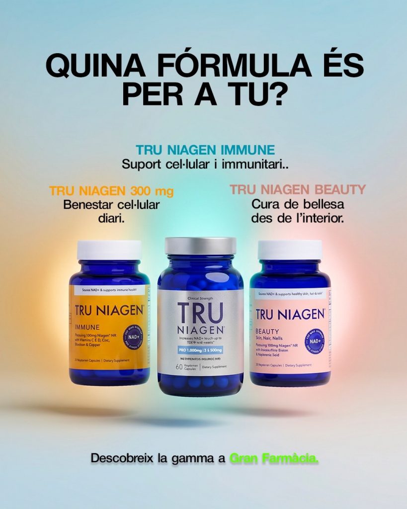 ✨ GRAN FARMÀCIA ANDORRA TRU NIAGEN®, L’IMPULS CEL·LULAR QUE MARCA LA DIFERÈNCIA El NAD+ és una molècula clau per al bon funcionament de les cèl·lules: participa en la producció d’energia, en la reparació del DNA i en processos de vitalitat general. Amb el pas del temps, els seus nivells disminueixen, i això pot influir en el benestar, la salut cel·lular i la capacitat de recuperació. Tru Niagen® incorpora Niagen®, una forma patentada de ribòsid de nicotinamida (NR), dissenyada per recolzar els nivells de NAD+ i integrar-se fàcilment en la teva rutina diària de salut. 💊 Les tres fórmules de Tru Niagen®: tria la que s’adapta al teu estil de vida Tru Niagen Immune — Suport cel·lular i immunitari. Una combinació pensada per reforçar les defenses i donar suport al funcionament cel·lular en moments d’estrès o exigència. Tru Niagen 300 mg — Benestar cel·lular diari. La fórmula essencial per mantenir els nivells de NAD+ i afavorir energia, vitalitat i funcionament metabòlic. Tru Niagen Beauty — Cura de la pell, cabells i ungles des de l’interior. Pensada per potenciar la salut de la pell i el teixit connectiu, aportant lluminositat, força i qualitat. 🔍 📍 Descobreix tota la gamma a Gran Farmàcia Andorra Troba les tres fórmules Tru Niagen® i deixa’t assessorar pel nostre equip per integrar-les de manera segura i adequada en la teva rutina. #GranFarmaciaAndorra #TruNiagen #SalutCel·lular #Benestar #NADPlus #Niagen #Vitalitat ✨ GRAN FARMÀCIA ANDORRA TRU NIAGEN®, L’IMPULS CEL·LULAR QUE MARCA LA DIFERÈNCIA El NAD+ és una molècula clau per al bon funcionament de les cèl·lules: participa en la producció d’energia, en la reparació del DNA i en processos de vitalitat general. Amb el pas del temps, els seus nivells disminueixen, i això pot influir en el benestar, la salut cel·lular i la capacitat de recuperació. Tru Niagen® incorpora Niagen®, una forma patentada de ribòsid de nicotinamida (NR), dissenyada per recolzar els nivells de NAD+ i integrar-se fàcilment en la teva rutina diària de salut. 💊 Les tres fórmules de Tru Niagen®: tria la que s’adapta al teu estil de vida Tru Niagen Immune — Suport cel·lular i immunitari. Una combinació pensada per reforçar les defenses i donar suport al funcionament cel·lular en moments d’estrès o exigència. Tru Niagen 300 mg — Benestar cel·lular diari. La fórmula essencial per mantenir els nivells de NAD+ i afavorir energia, vitalitat i funcionament metabòlic. Tru Niagen Beauty — Cura de la pell, cabells i ungles des de l’interior. Pensada per potenciar la salut de la pell i el teixit connectiu, aportant lluminositat, força i qualitat. 🔍 📍 Descobreix tota la gamma a Gran Farmàcia Andorra Troba les tres fórmules Tru Niagen® i deixa’t assessorar pel nostre equip per integrar-les de manera segura i adequada en la teva rutina. #GranFarmaciaAndorra #TruNiagen #SalutCel·lular #Benestar #NADPlus #Niagen #Vitalitat
