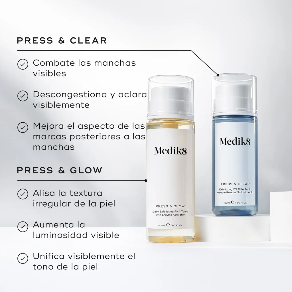 Comprar Press & Glow™ tónico con PHA de Medik8 en Gran Farmacia Andorra. Transforma tu rutina de cuidado facial. Con un 5 % de polihidroxiácido (PHA) gluconolactona,