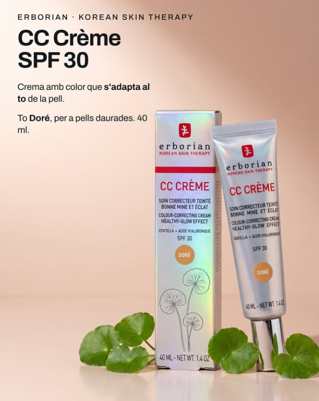 Pots trobar Erborian CC Cream SPF 30 a la Gran Farmàcia Andorra, situada a l'Av. Meritxell 83 d'Andorra la Vella. Característiques principals Cobertura i acabat: Ofereix una cobertura lleugera amb un acabat natural i lluminós, aconseguint un efecte "bona cara" immediat. Ingredients actius: Conté centella asiàtica i àcid hialurònic per hidratar i cuidar la pell. Protecció i fórmula: Incorpora protecció solar SPF 30 i és no "comedogènica 2(no tapona els porus). Funció: Combina tractament facial i maquillatge en un sol pas, unificant el to i corregint imperfeccions.  Pots fer la teva reserva en línia a través del WhatsApp +376650050 Si ho desitges, digues-me: Quin és el teu tipus de pell (seca, mixta, grassa) Quina tonalitat, busques (Clair, Doré, etc.)