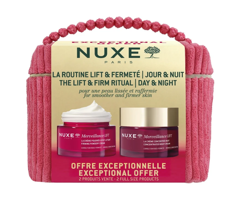 Compra Ritual Lifting y Firmeza Merveillance Lift NUXE en Gran Farmacia Andorra. Día y Noche. Fortalece la piel a diario con el ritual Día y Noche Lifting y Firmeza para una piel visiblemente más joven. Con sus texturas únicas y fundentes, esta rutina ofrece eficacia antiedad con la máxima sensorialidad para una piel más lisa y firme. Crema en Polvo Reafirmante 50 ml: Corrige las arrugas y reafirma la piel. Su acabado en polvo crea un efecto difuminado natural para un acabado «impecable». En 2 meses, la piel está más lisa para el 63 %⁽¹⁾. Crema Concentrada de Noche 50 ml: Corrige las arrugas durante la noche para una piel más firme como tras un lifting, y una energía renovada por la mañana. Al despertar, este concentrado de eficacia antiedad revela una piel relajada y descansada, como si hubieras dormido 2 horas más⁽²⁾. La piel se alisa para el 100 % de las mujeres⁽³⁾.