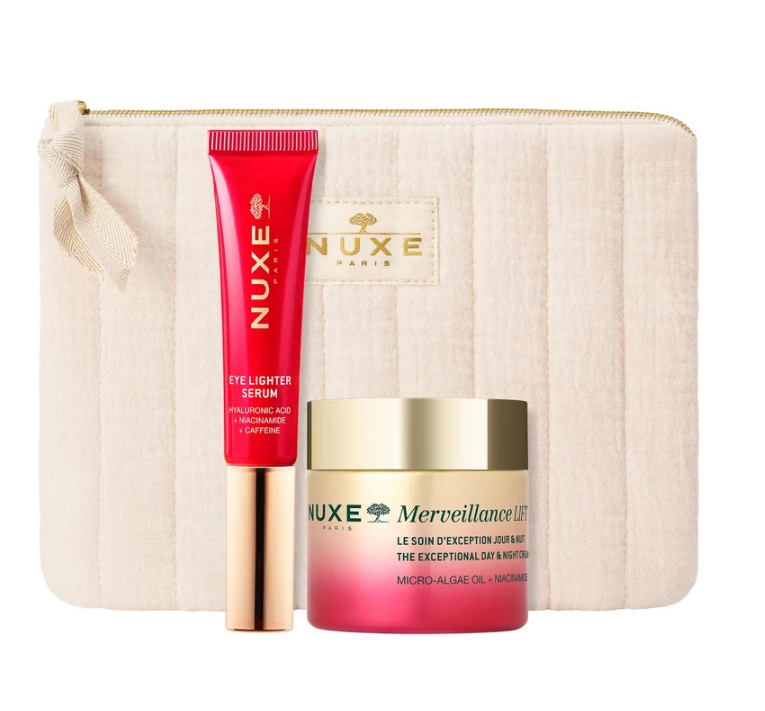 Comprar Dúo Día, Noche & Ojos NUXE en Gran Farmacia Andorra | Alisa e ilumina. Descubre el Dúo Día & Noche & Ojos para una piel sublimada, alisada e iluminada. Esta rutina contiene: - 1 Sérum Iluminador Ojos 12 ml - 1 La Crema Excepcional Día & Noche 75 ml, Merveillance Lift - 1 Neceser Regálate un momento de lujo y cuidado con esta rutina completa, diseñada para revelar una piel visiblemente más joven y radiante. Gracias a la eficacia del Aceite de Microalga ultra-correctivo, cada gota concentra el poder de 4 mil millones de células activas para alisar las arrugas, reafirmar la piel e iluminar la tez. Ideal para todo tipo de pieles, esta rutina te acompaña día y noche para una mirada descansada y una piel revitalizada. Los productos se entregan por separado. Imagen no contractual. Commencez votre rituel en appliquant le Sérum Yeux Éclat sur le contour des yeux, matin et soir. Sa texture effet blur atténue instantanément les signes de fatigue et illumine le regard. Poursuivez avec Le Soin d'Exception Jour & Nuit 75 ml, Merveillance Lift, en chauffant une noisette de crème entre vos mains avant de l’appliquer sur le visage, le cou et le décolleté. Massez délicatement jusqu’à absorption complète pour une peau lissée, ferme et éclatante. Utilisez la pour ranger vos essentiels beauté et les emporter partout avec vous.